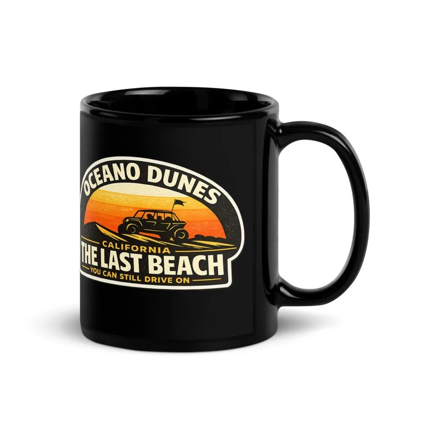 Black mug with The Last Beach Oceano Dunes design